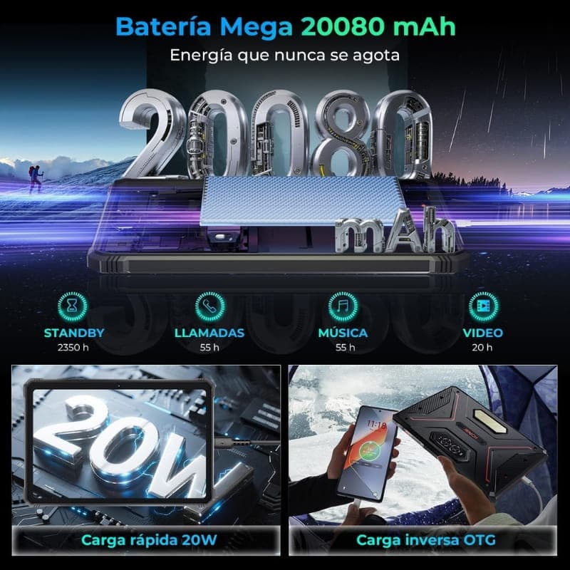 Bateria mega 20080 mAh com standby 2350 h, chamadas 55 h, música 55 h e vídeo 20 h; suporta carga rápida 20W e carga reversa OTG no Hotwav R9 Ultra vermelha